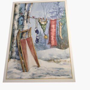 Holiday Greeting Card Vintage Sled Winter Clothes Michelle Palmer